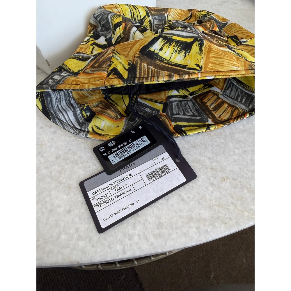 Prada Graphic Print Nylon Bucket Hat Black Gold Triangle Logo 1HC137 Size M - Picture 9 of 12